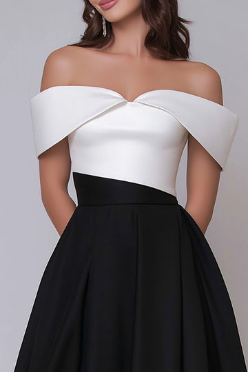 Off the Shoulder Black and White A Line Long Formal Dress